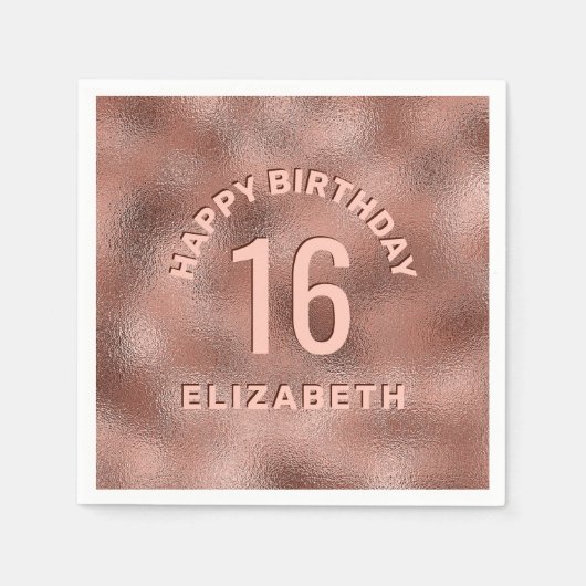 Serviette En Papier Faux Rose Gold Foil Texture Joyeux Anniversaire & (Devant)