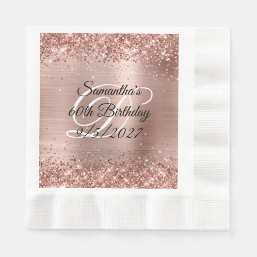 Serviette En Papier Faux Rose Gold Parties scintillant et Foil 60e ann (Devant)