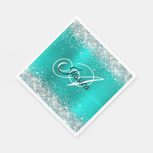 Serviette En Papier Faux Shiny Silver Parties scintillant Turquoise Fo (Coin)