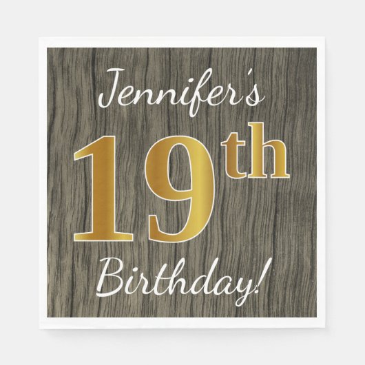 Serviette En Papier Faux Wood, Faux Gold 19e anniversaire + Nom person (Devant)