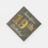 Serviette En Papier Faux Wood, Faux Gold 19e anniversaire + Nom person (Coin)