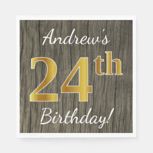 Serviette En Papier Faux Wood, Faux Gold 24e anniversaire + Nom person