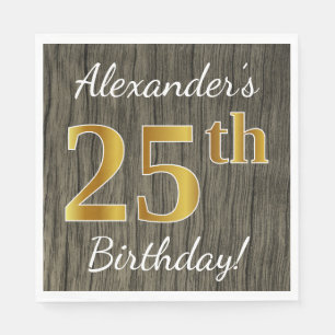 Serviette En Papier Faux Wood, Faux Gold 25e anniversaire + Nom person