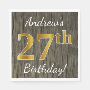 Serviette En Papier Faux Wood, Faux Gold 27e anniversaire + Nom person