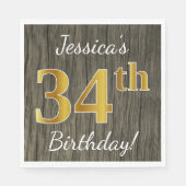 Serviette En Papier Faux Wood, Faux Gold 34e anniversaire + Nom person (Devant)
