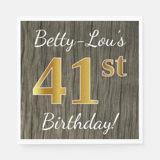 Serviette En Papier Faux Wood, Faux Gold 41e anniversaire + Nom person (Devant)