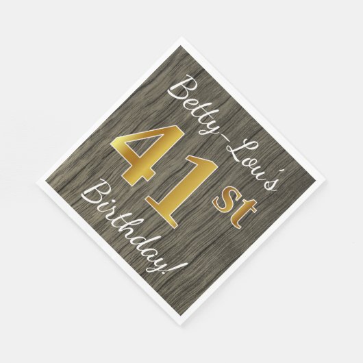 Serviette En Papier Faux Wood, Faux Gold 41e anniversaire + Nom person (Coin)