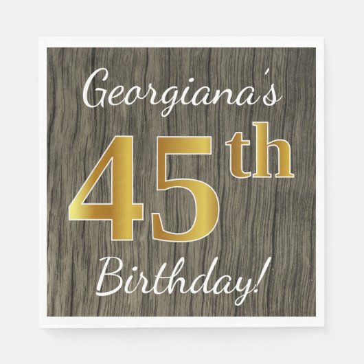 Serviette En Papier Faux Wood, Faux Gold 45e anniversaire + Nom person (Devant)