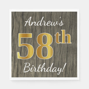Serviette En Papier Faux Wood, Faux Gold 58e anniversaire + Nom person