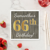 Serviette En Papier Faux Wood, Faux Gold 66e anniversaire + Nom person (En situation)
