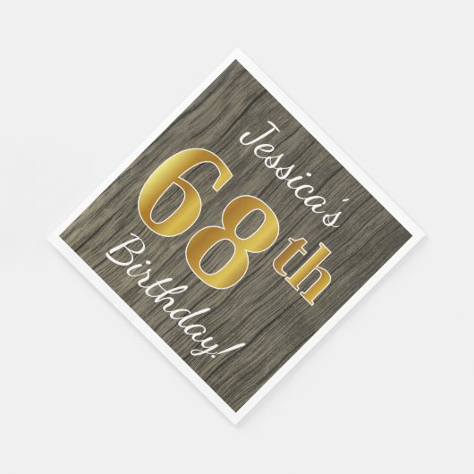 Serviette En Papier Faux Wood, Faux Gold 68e anniversaire + Nom person (Coin)
