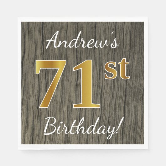 Serviette En Papier Faux Wood, Faux Gold 71e anniversaire + Nom person (Devant)