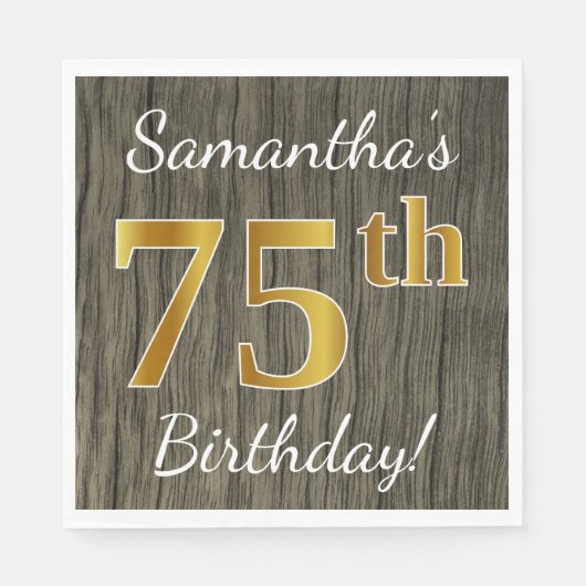 Serviette En Papier Faux Wood, Faux Gold 75e anniversaire + Nom person (Devant)