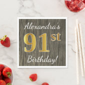 Serviette En Papier Faux Wood, Faux Gold 91e anniversaire + Nom person (En situation)