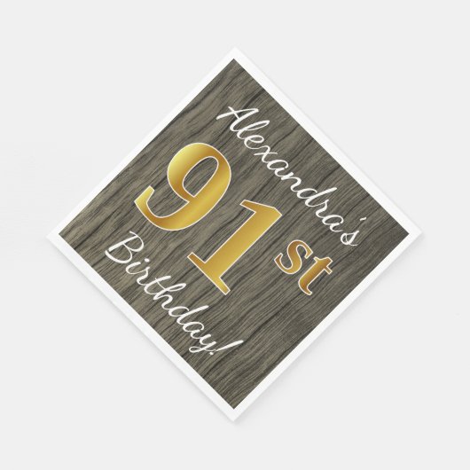 Serviette En Papier Faux Wood, Faux Gold 91e anniversaire + Nom person (Coin)