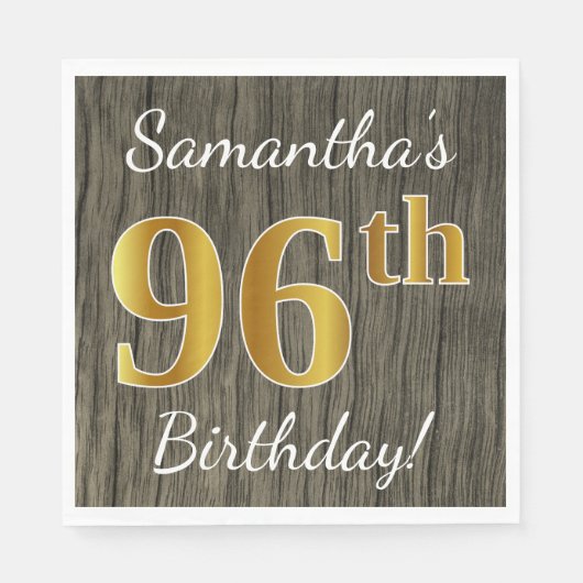 Serviette En Papier Faux Wood, Faux Gold 96e anniversaire + Nom person (Devant)