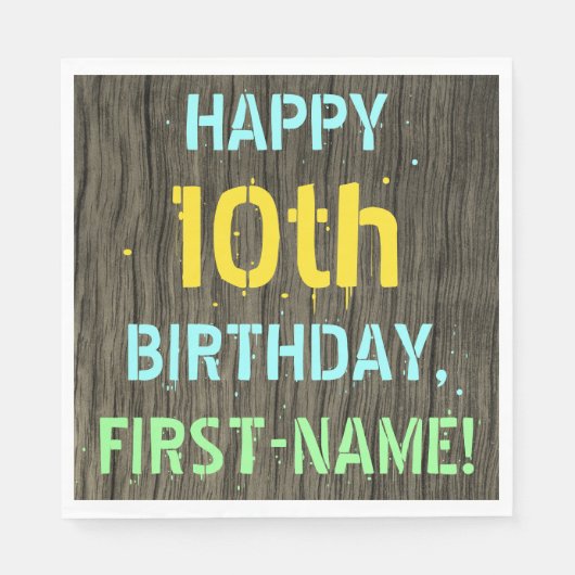 Serviette En Papier Faux Wood, Peint Texte Look, 10e anniversaire + No (Devant)