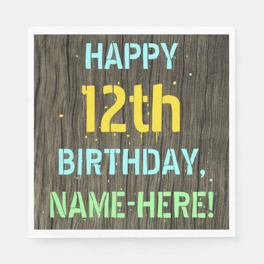 Serviette En Papier Faux Wood, Peint Texte Look, 12e anniversaire + No (Devant)