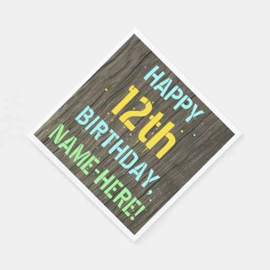Serviette En Papier Faux Wood, Peint Texte Look, 12e anniversaire + No (Coin)