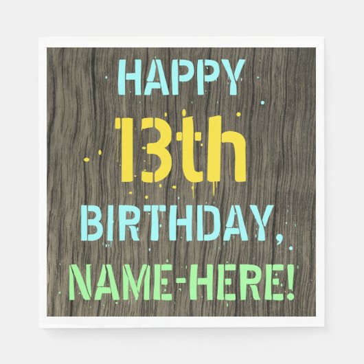 Serviette En Papier Faux Wood, Peint Texte Look, 13e anniversaire + No (Devant)