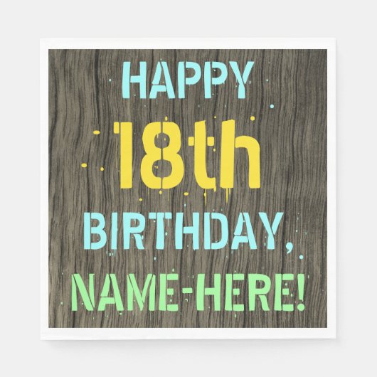 Serviette En Papier Faux Wood, Peint Texte Look, 18e anniversaire + No (Devant)