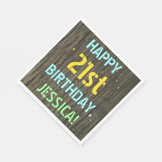 Serviette En Papier Faux Wood, Peint Texte Look, 21e anniversaire + No (Coin)