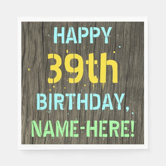 Serviette En Papier Faux Wood, Peint Texte Look, 39e anniversaire + No (Devant)