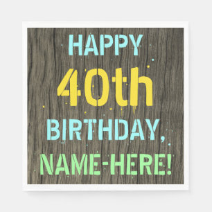 Serviette En Papier Faux Wood, Peint Texte Look, 40e anniversaire + No