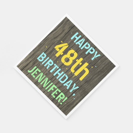 Serviette En Papier Faux Wood, Peint Texte Look, 48e anniversaire + No (Coin)