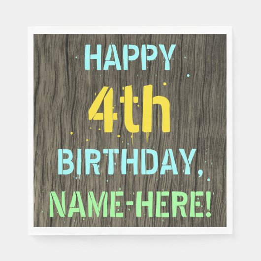 Serviette En Papier Faux Wood, Peint Texte Look, 4e anniversaire + Nom (Devant)