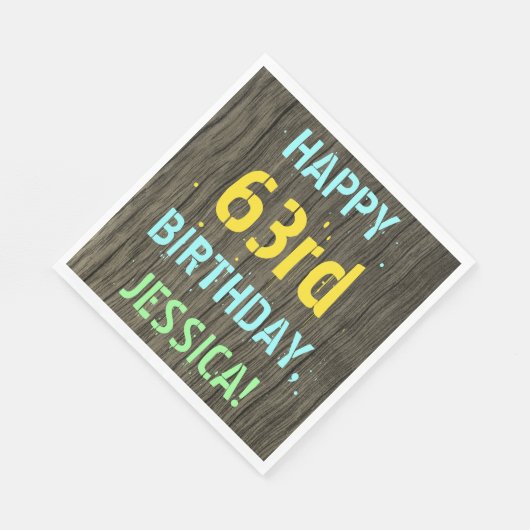 Serviette En Papier Faux Wood, Peint Texte Look, 63ème anniversaire + (Coin)