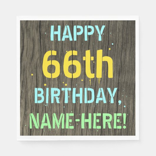 Serviette En Papier Faux Wood, Peint Texte Look, 66e anniversaire + No (Devant)