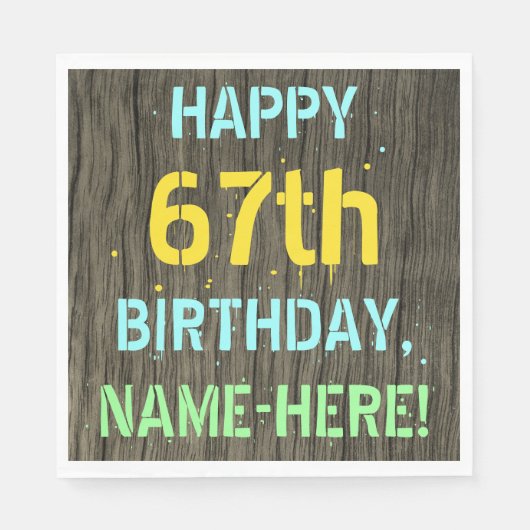 Serviette En Papier Faux Wood, Peint Texte Look, 67e anniversaire + No (Devant)