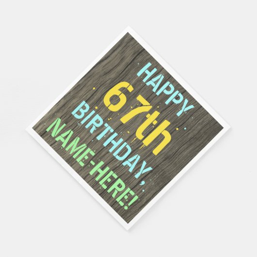Serviette En Papier Faux Wood, Peint Texte Look, 67e anniversaire + No (Coin)