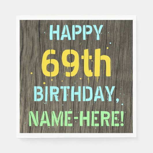 Serviette En Papier Faux Wood, Peint Texte Look, 69e anniversaire + No (Devant)