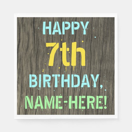 Serviette En Papier Faux Wood, Peint Texte Look, 7e anniversaire + Nom (Devant)