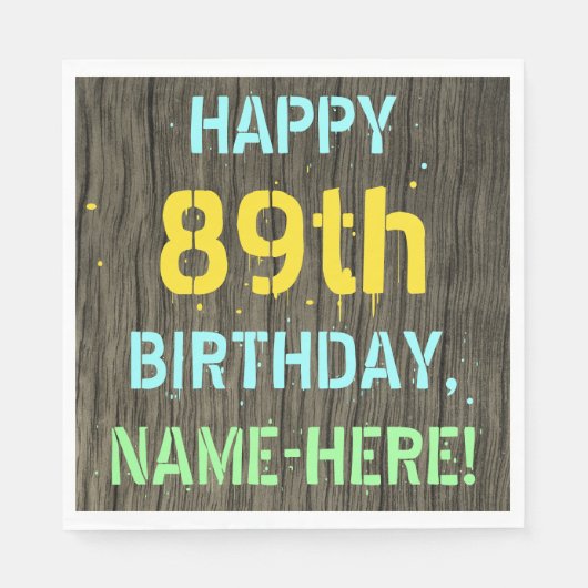 Serviette En Papier Faux Wood, Peint Texte Look, 89e anniversaire + No (Devant)