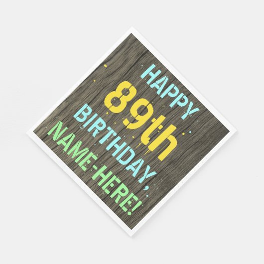 Serviette En Papier Faux Wood, Peint Texte Look, 89e anniversaire + No (Coin)