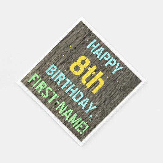 Serviette En Papier Faux Wood, Peint Texte Look, 8e anniversaire + nom (Coin)