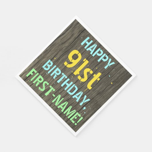 Serviette En Papier Faux Wood, Peint Texte Look, 91e anniversaire + No (Coin)