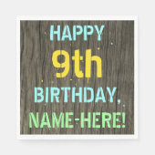 Serviette En Papier Faux Wood, Peint Texte Look, 9e anniversaire + nom (Devant)