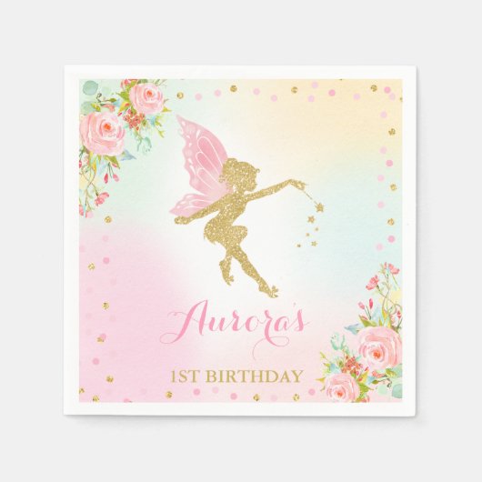 Serviette En Papier Fée Fête Anniversaire Napkin Rose Et Or Fairy (Devant)