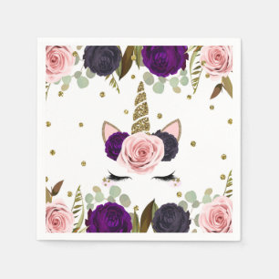Serviette En Papier Fée licorne pailletée or fete glamour florale somb