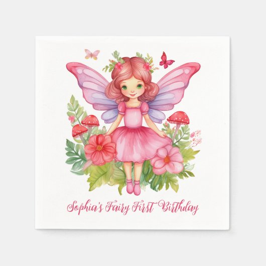 Serviette En Papier Fée Premier anniversaire mignonne fille rose Aquar (Devant)