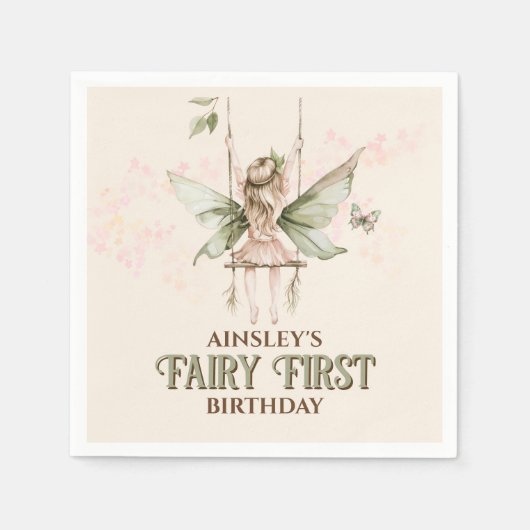 Serviette En Papier Fée rose personnalisée 1er anniversaire (Devant)