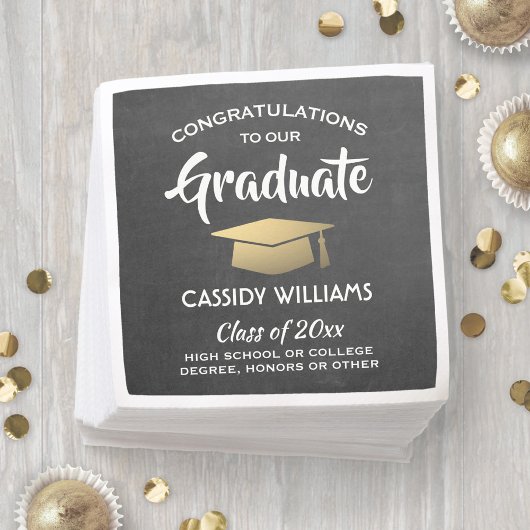 Serviette En Papier Félicitations Chalkboard Black & Gold Graduation
