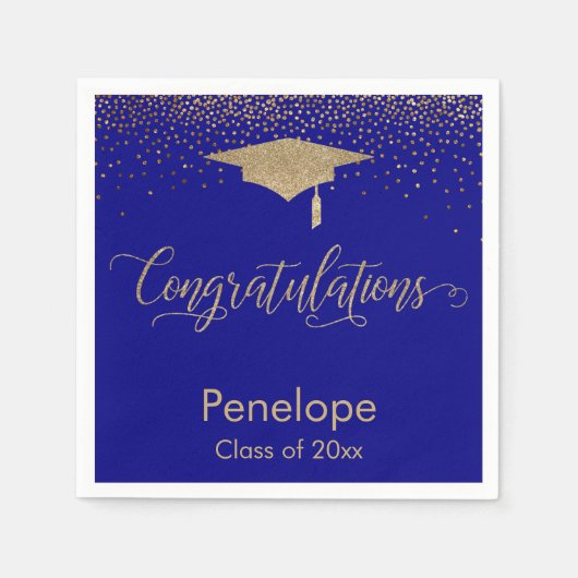 Serviette En Papier Félicitations Gold Confetti Graduation Cap Blue (Devant)