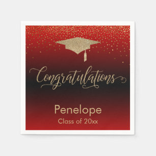 Serviette En Papier Félicitations Gold Confetti Graduation Cap Rouge