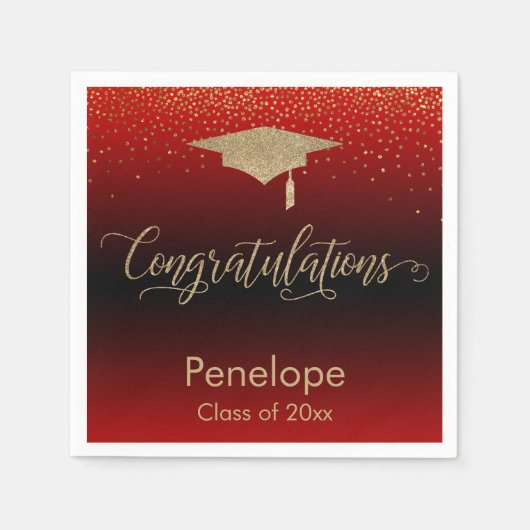 Serviette En Papier Félicitations Gold Confetti Graduation Cap Rouge (Devant)