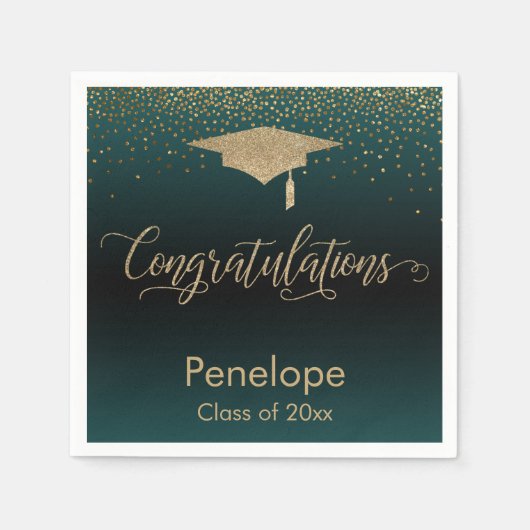 Serviette En Papier Félicitations Gold Confetti Graduation Turquoise (Devant)